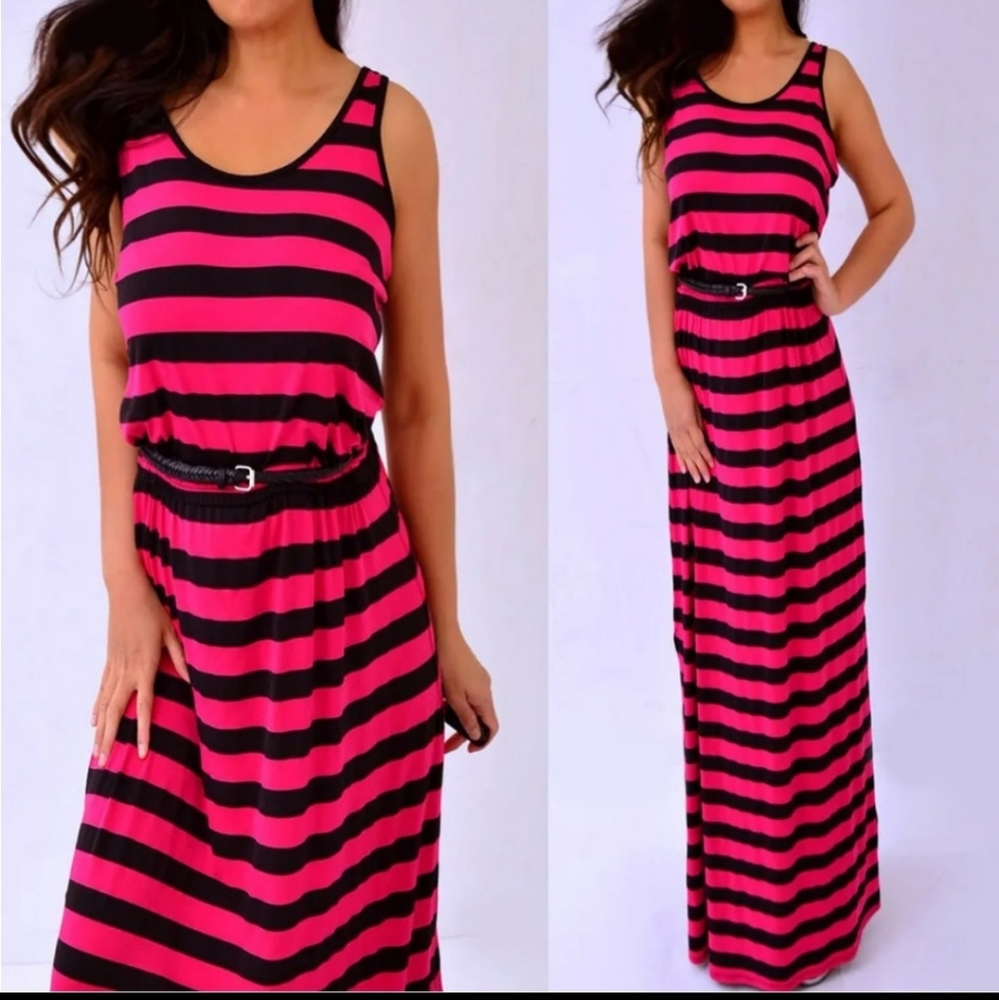 BarbiePink and black striped maxi dress by fever brand with black belt d…